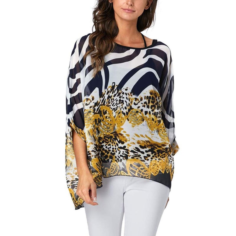 Ckikiou Plus Size Batwing Flowy Semi Sheer Chiffon Blouse Tunic for Women Summer Floral Print Boho Beach Cover ups - Image 5